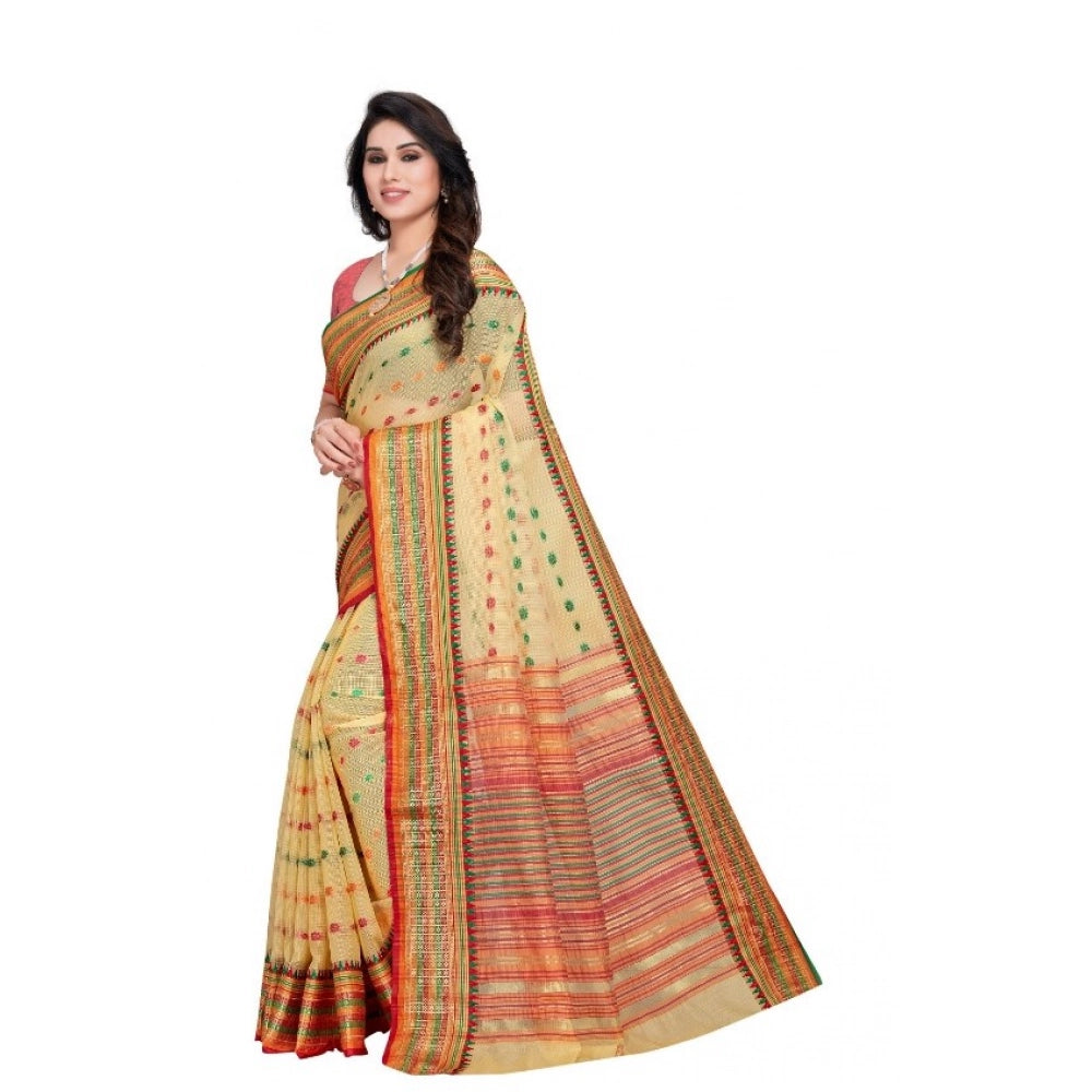 Women'S Kota Doria Cotton Woven Butta Saree With Blouse (Beige
