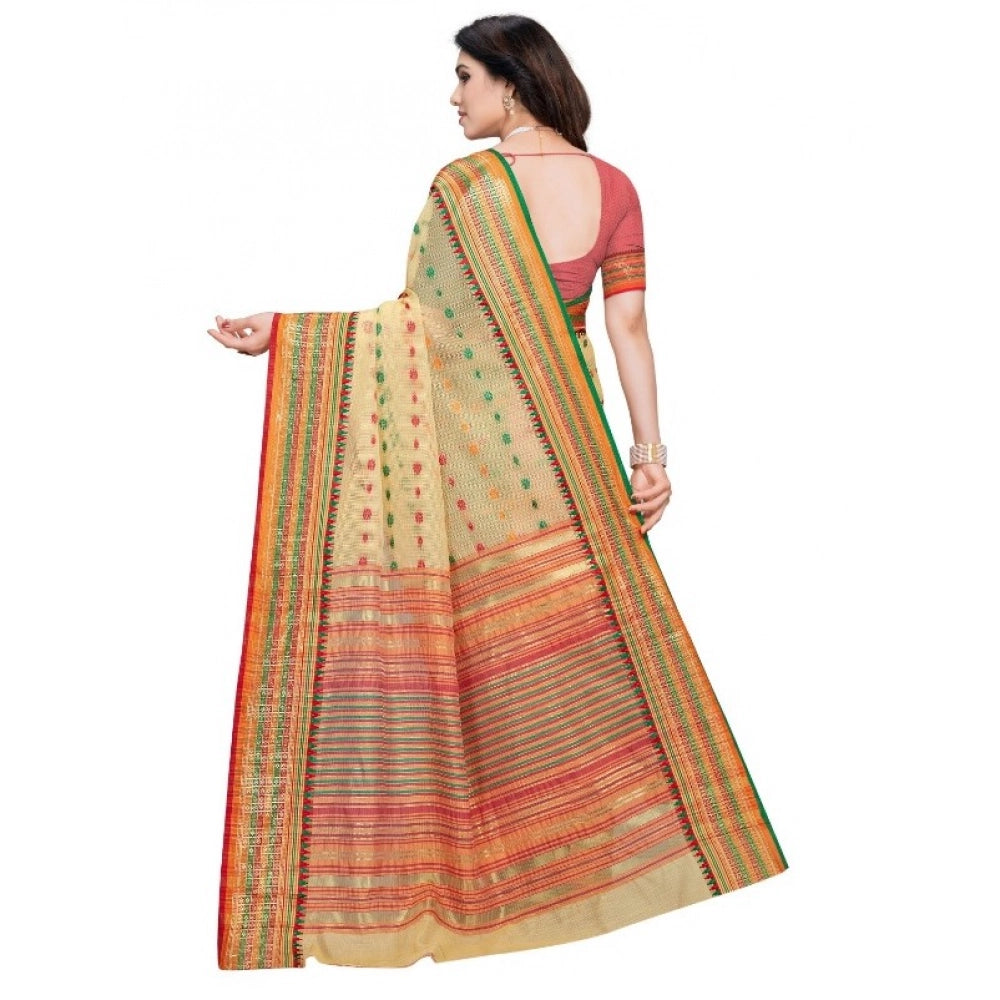 Women'S Kota Doria Cotton Woven Butta Saree With Blouse (Beige