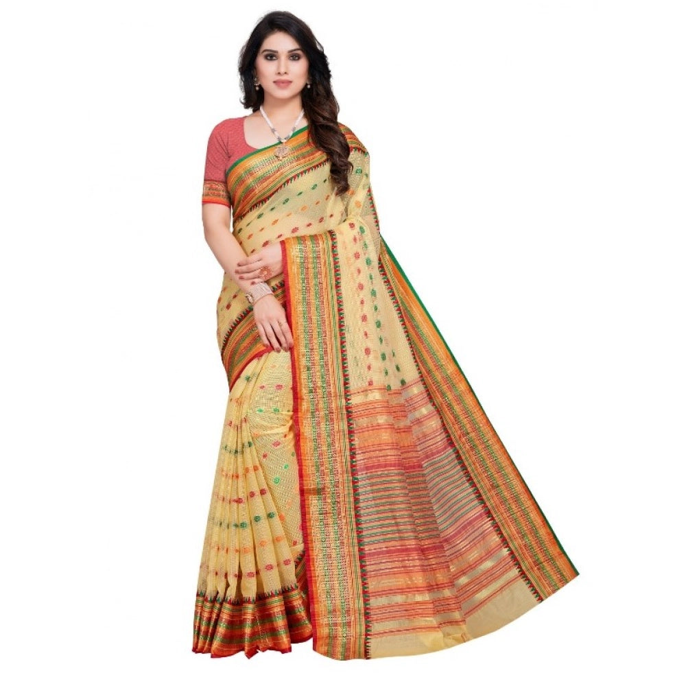 Women'S Kota Doria Cotton Woven Butta Saree With Blouse (Beige