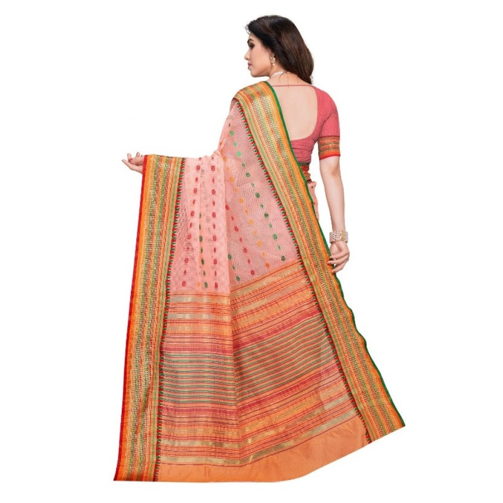 Women'S Kota Doria Cotton Woven Butta Saree With Blouse (Peach