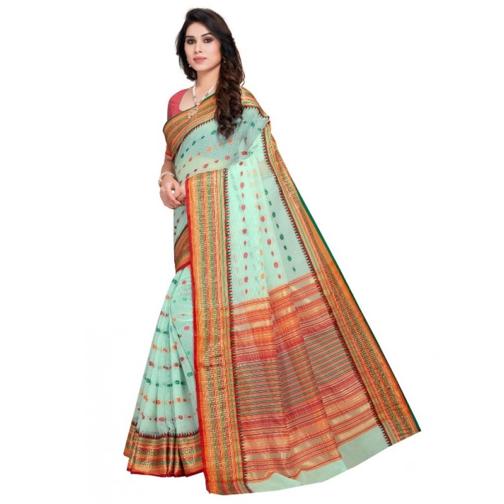 Women'S Kota Doria Cotton Woven Butta Saree With Blouse (Pista