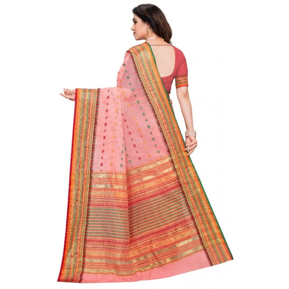 Women'S Kota Doria Cotton Woven Butta Saree With Blouse (Pink,