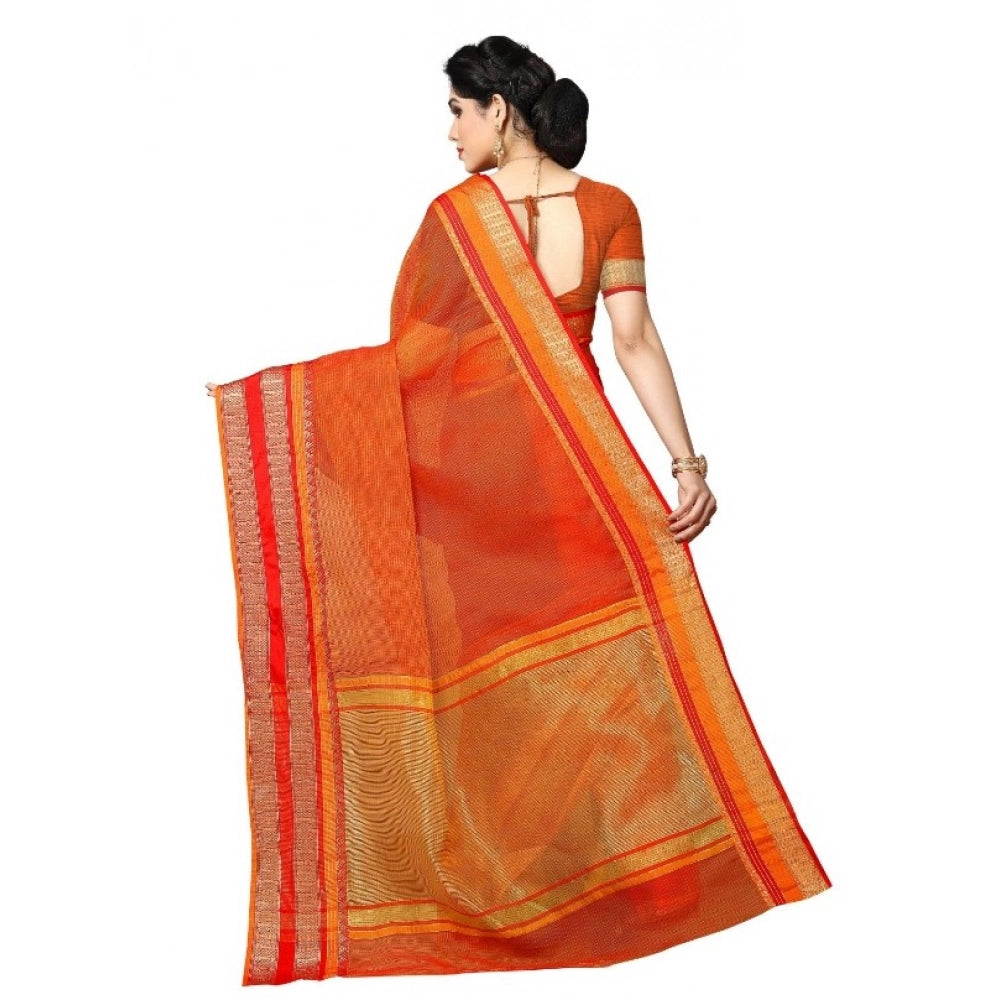 Women'S Kota Doria Cotton Border Saree With Blouse (Orange, 5