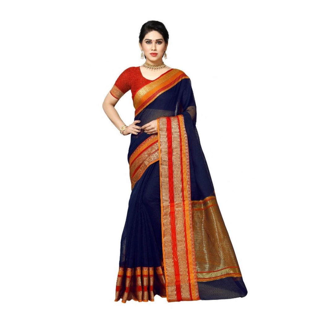 Women'S Kota Doria Cotton Border Saree With Blouse (Navy Blue,