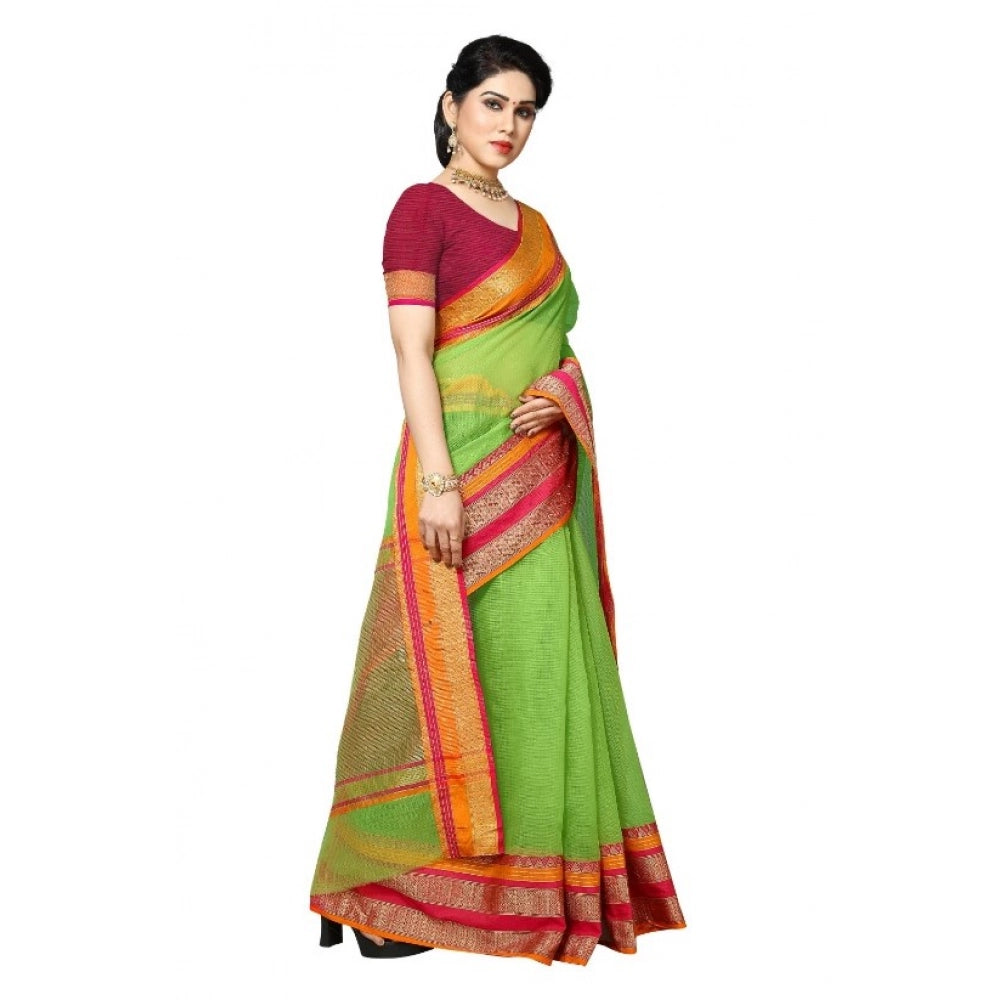 Women'S Kota Doria Cotton Border Saree With Blouse (Light Gree