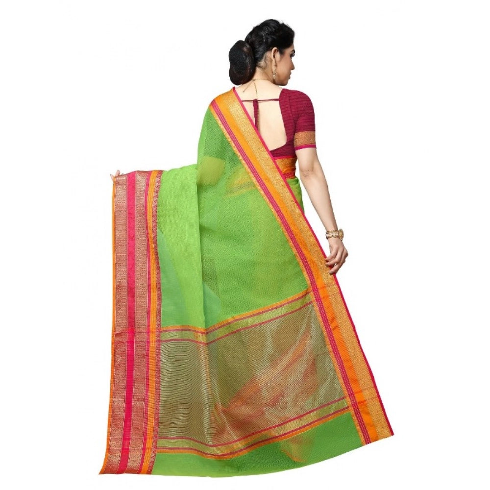 Women'S Kota Doria Cotton Border Saree With Blouse (Light Gree