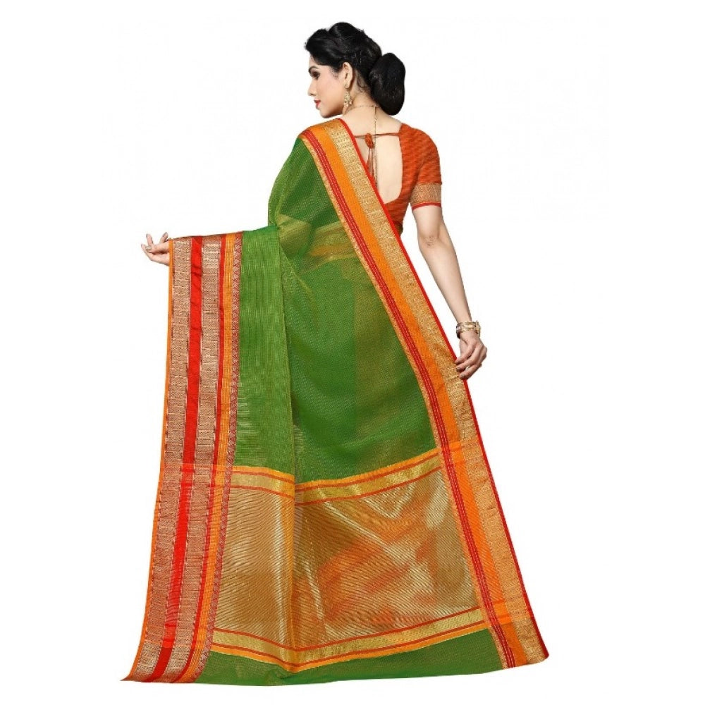 Women'S Kota Doria Cotton Border Saree With Blouse (Green, 5-6