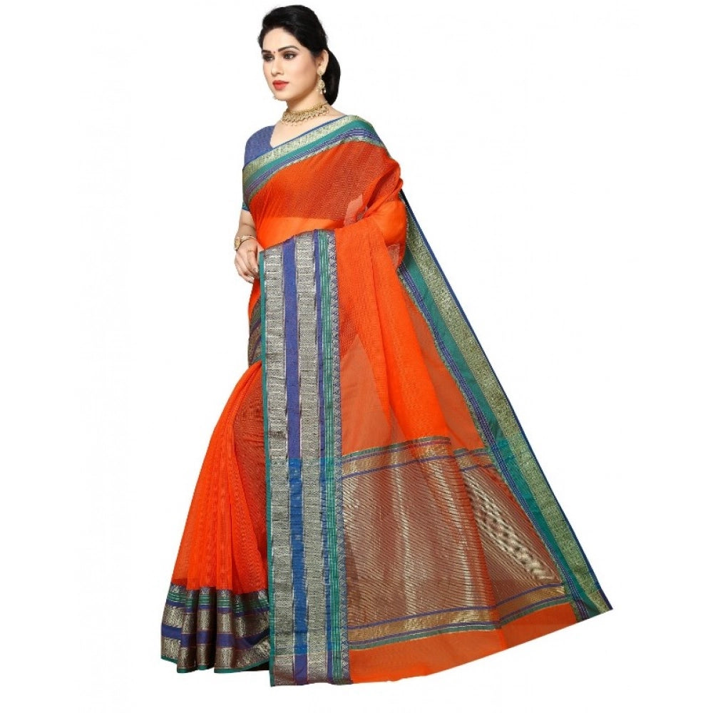 Women'S Kota Doria Cotton Border Saree With Blouse (Fanta, 5-6