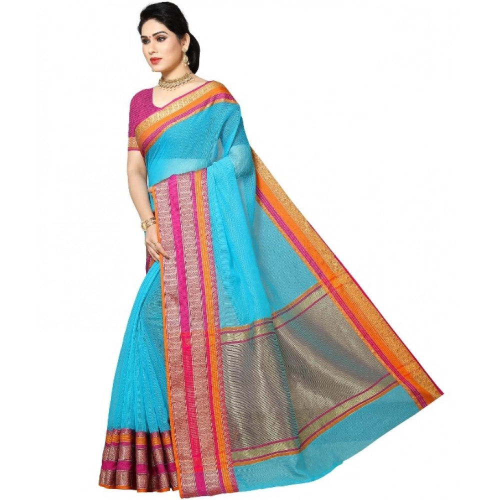 Women'S Kota Doria Cotton Border Saree With Blouse (Sky Blue,