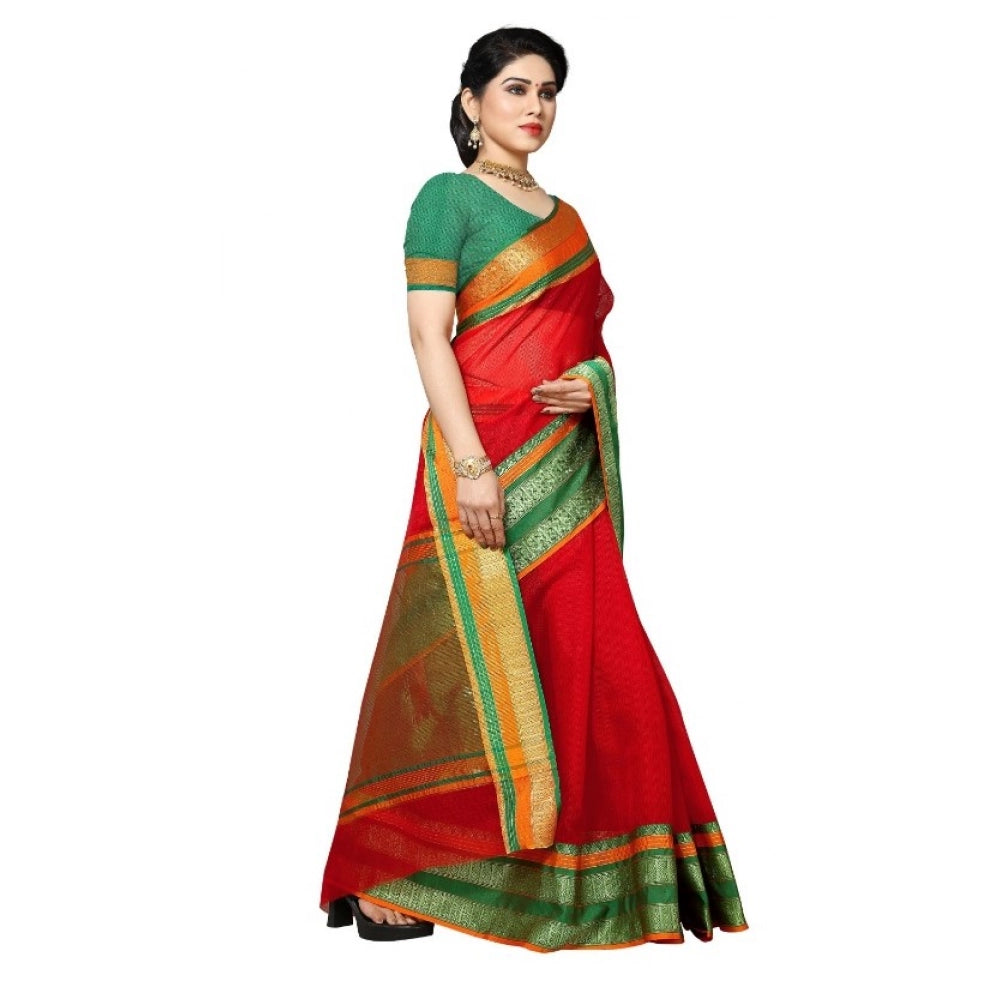 Women'S Kota Doria Cotton Border Saree With Blouse (Red, 5-6 M