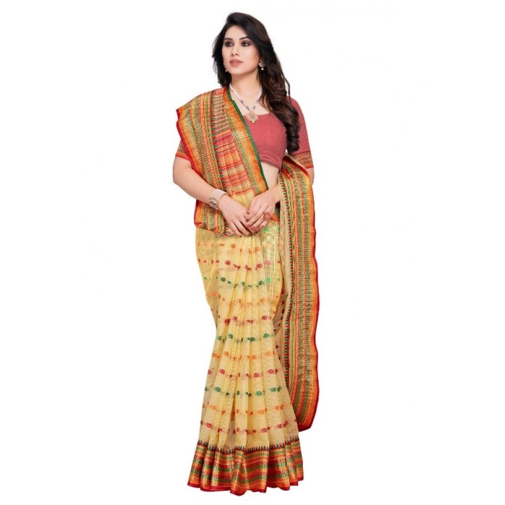 Women'S Kota Doria Cotton Woven Butta Saree With Blouse (Beige