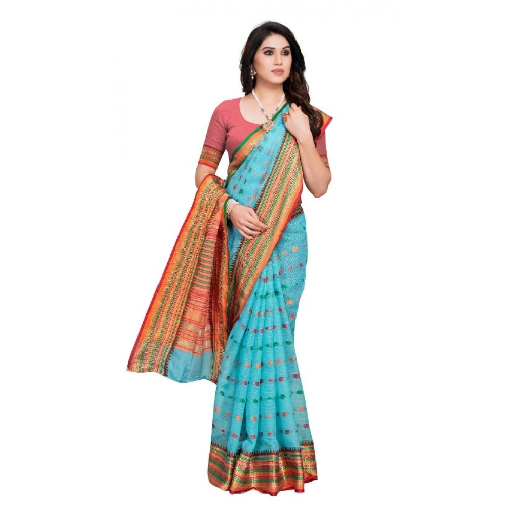 Women'S Kota Doria Cotton Woven Butta Saree With Blouse (Sky B