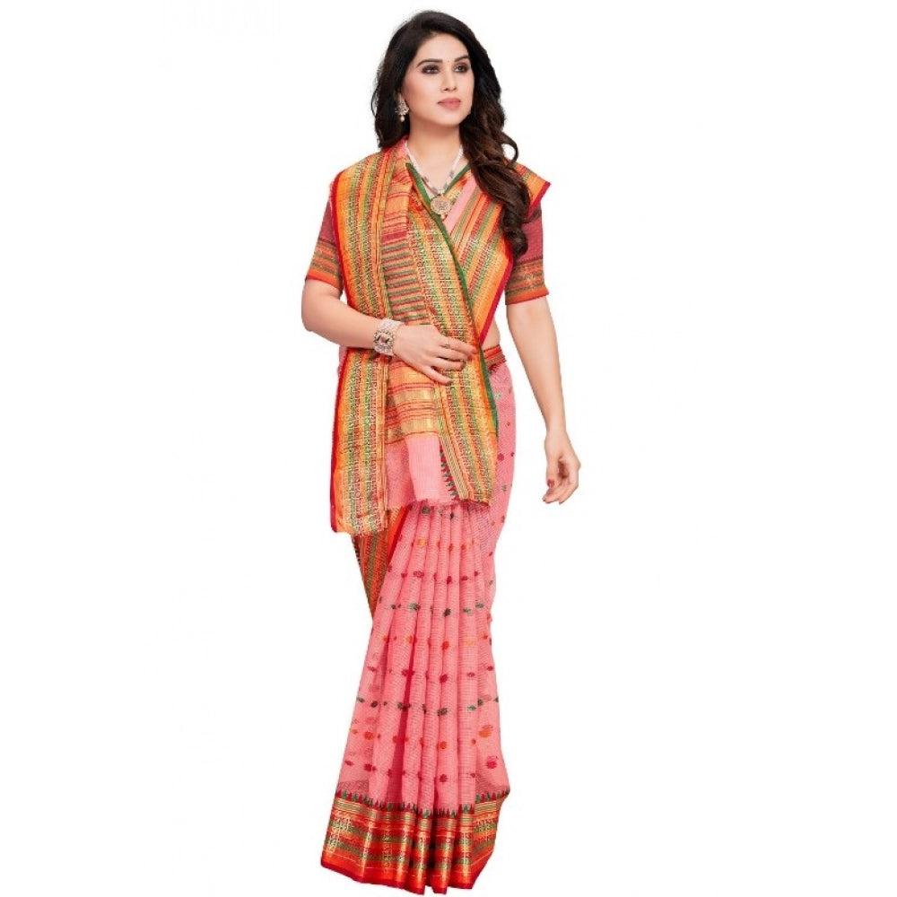 Women'S Kota Doria Cotton Woven Butta Saree With Blouse (Pink,