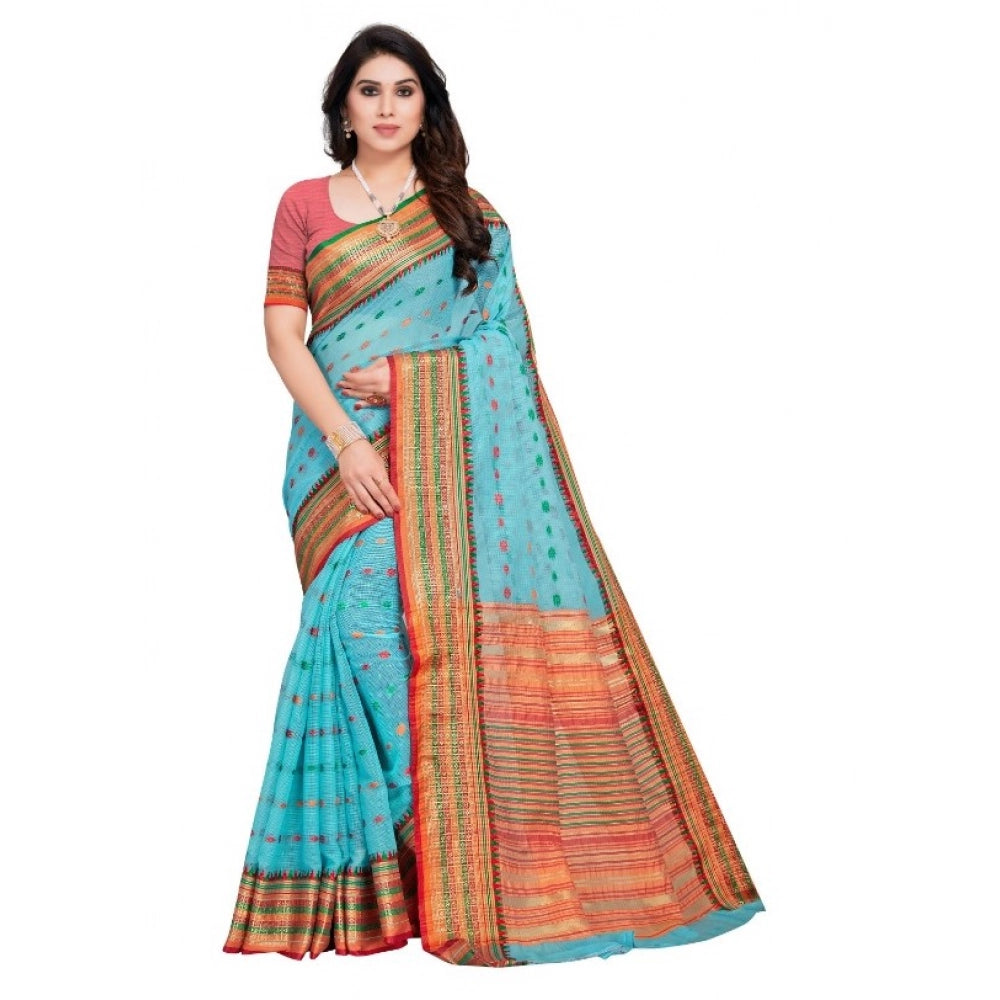 Women'S Kota Doria Cotton Woven Butta Saree With Blouse (Sky B
