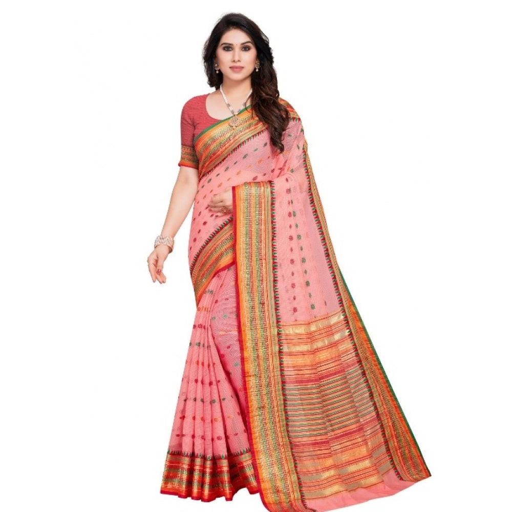 Women'S Kota Doria Cotton Woven Butta Saree With Blouse (Pink,