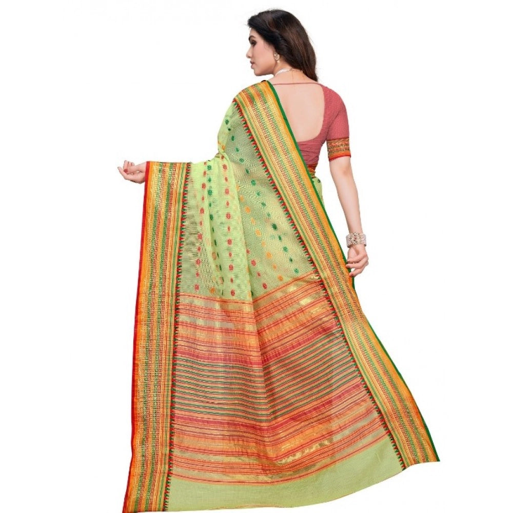 Women'S Kota Doria Cotton Woven Butta Saree With Blouse (Light