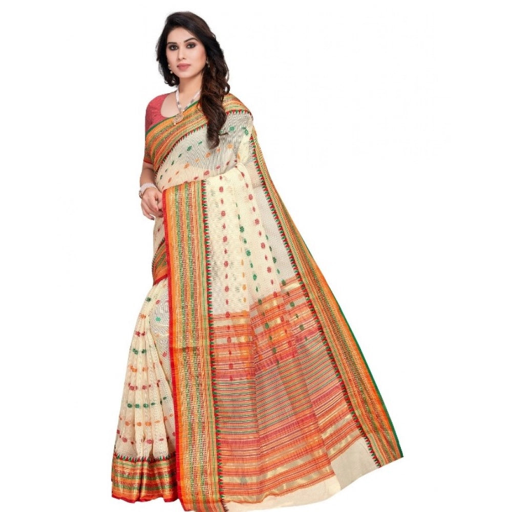 Women'S Kota Doria Cotton Woven Butta Saree With Blouse (Cream