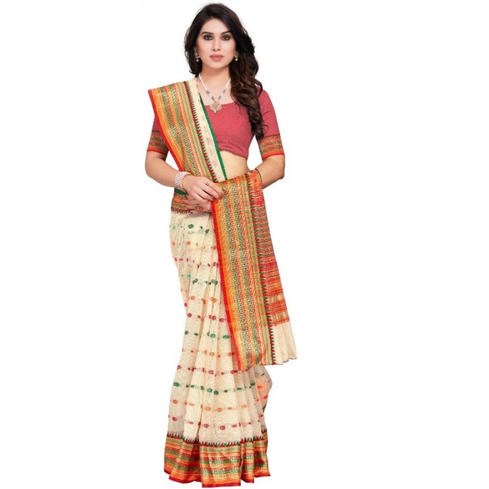 Women'S Kota Doria Cotton Woven Butta Saree With Blouse (Cream