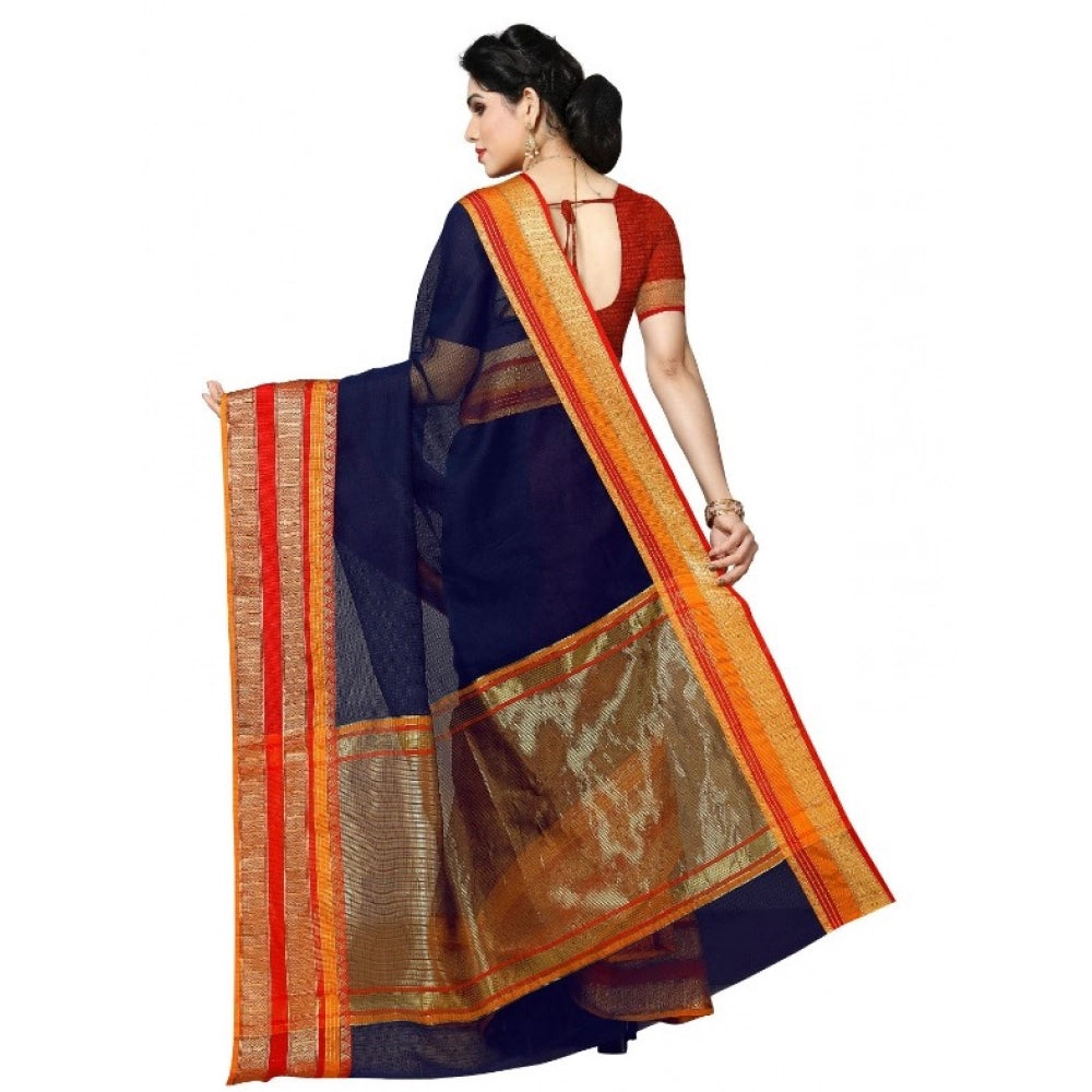 Women'S Kota Doria Cotton Border Saree With Blouse (Navy Blue,