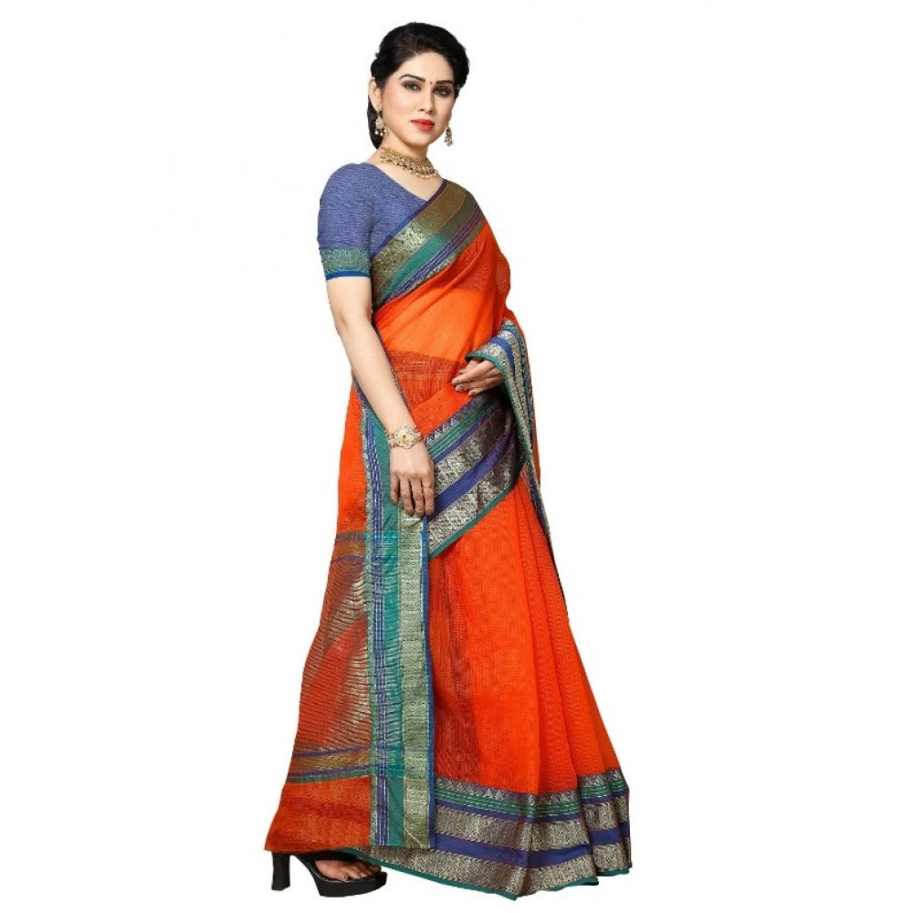 Women'S Kota Doria Cotton Border Saree With Blouse (Fanta, 5-6