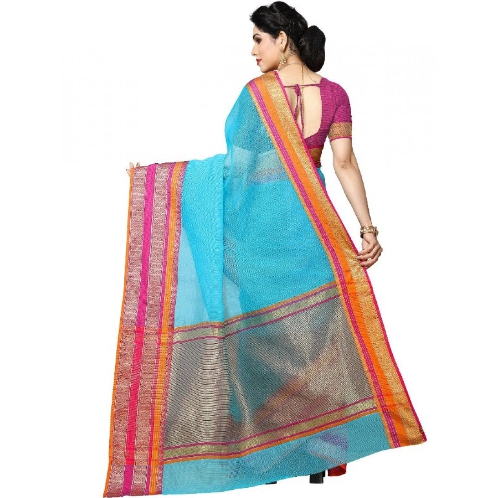 Women'S Kota Doria Cotton Border Saree With Blouse (Sky Blue,