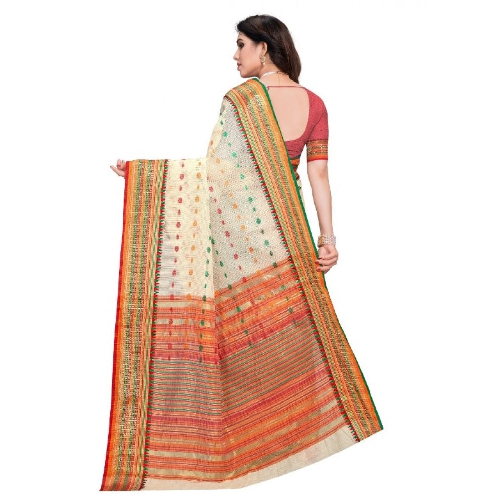 Women'S Kota Doria Cotton Woven Butta Saree With Blouse (Cream