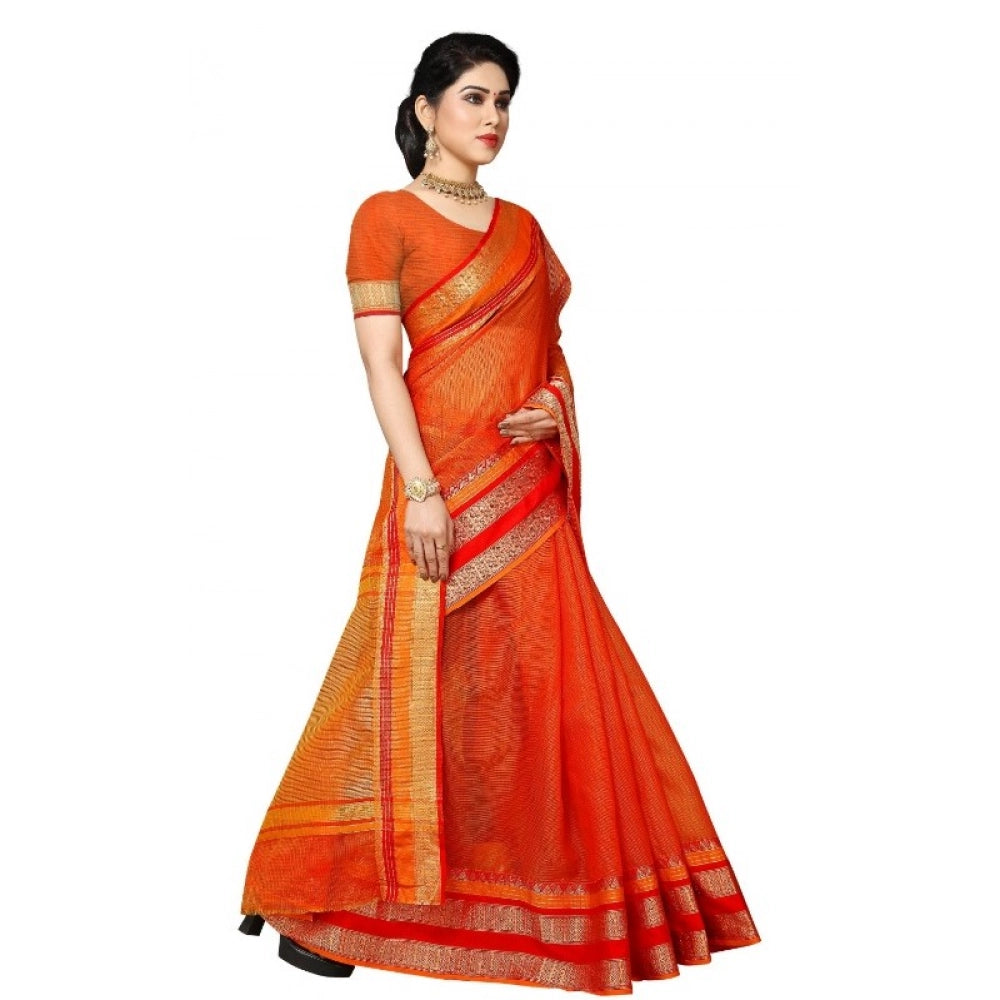 Women'S Kota Doria Cotton Border Saree With Blouse (Orange, 5