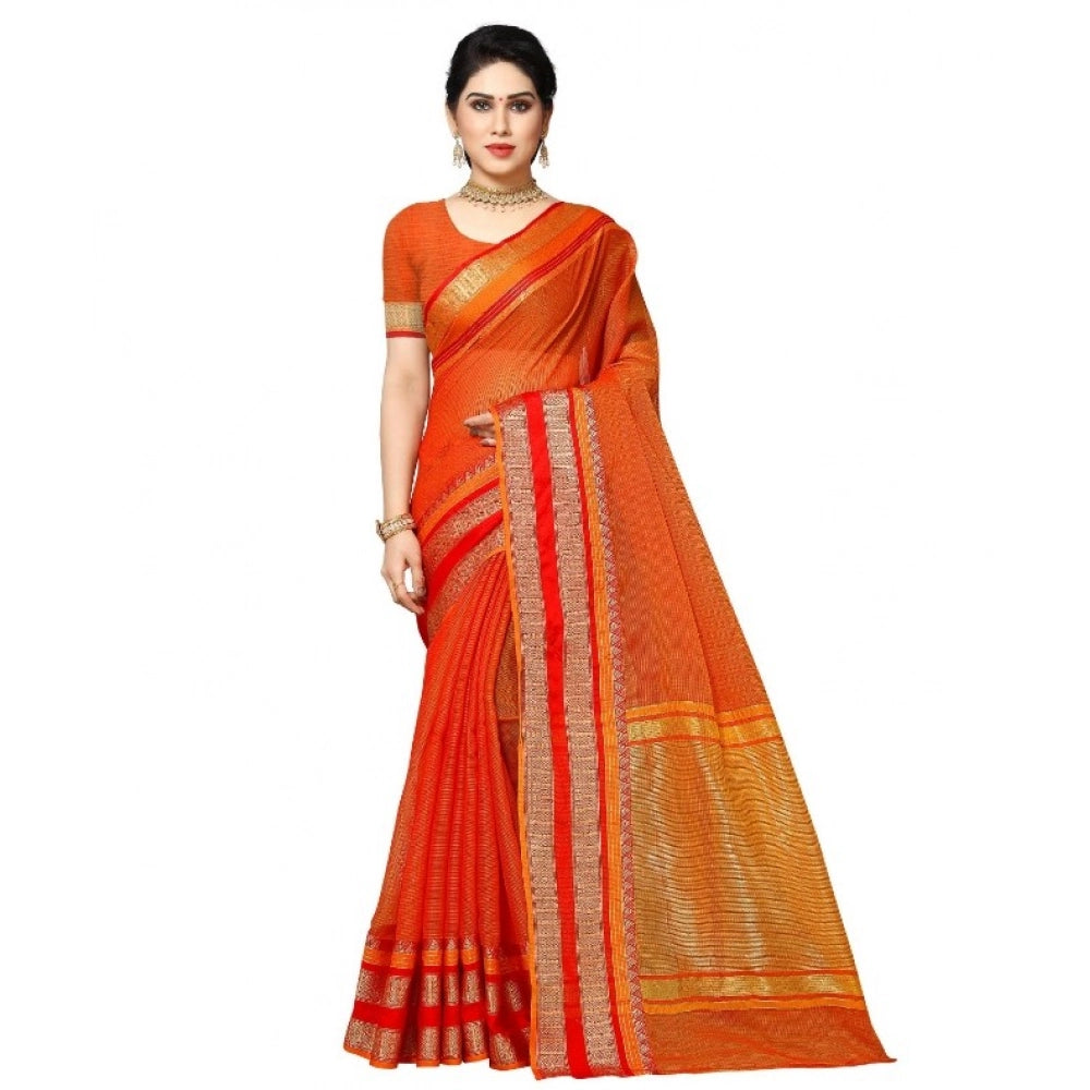 Women'S Kota Doria Cotton Border Saree With Blouse (Orange, 5