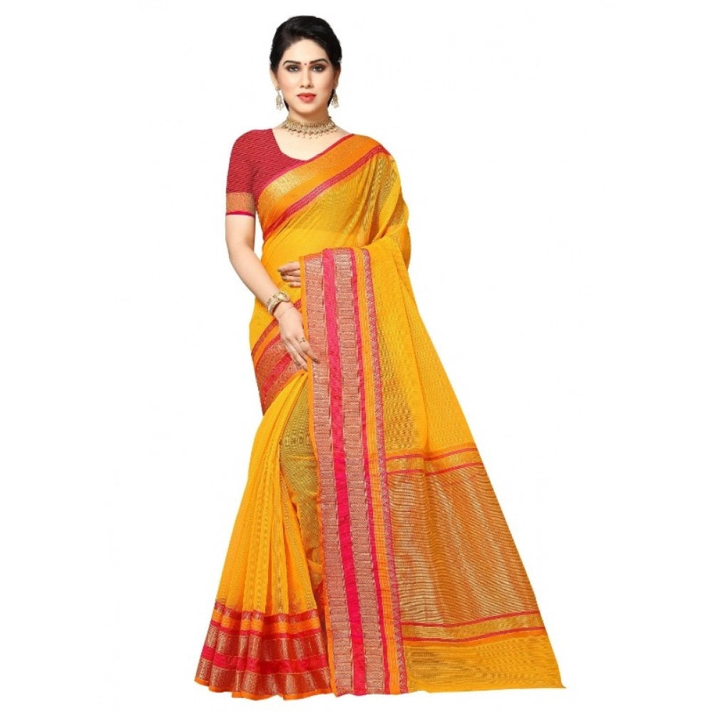 Women'S Kota Doria Cotton Border Saree With Blouse (Gold, 5-6