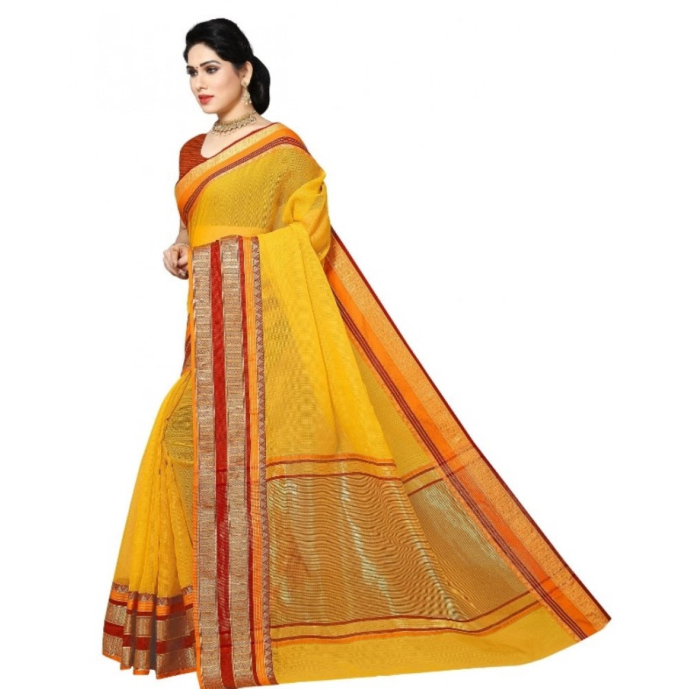 Women'S Kota Doria Cotton Border Saree With Blouse (Yellow, 5