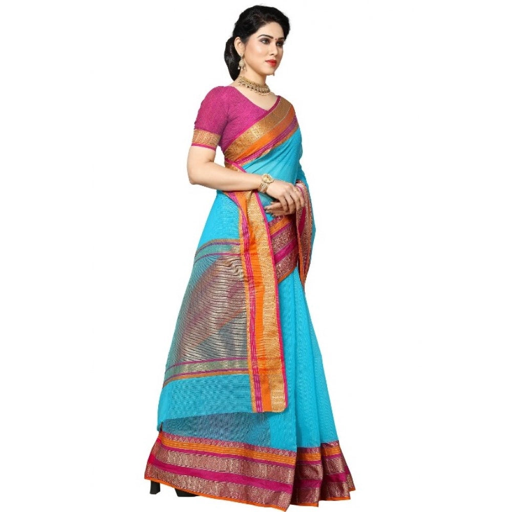 Women'S Kota Doria Cotton Border Saree With Blouse (Sky Blue,