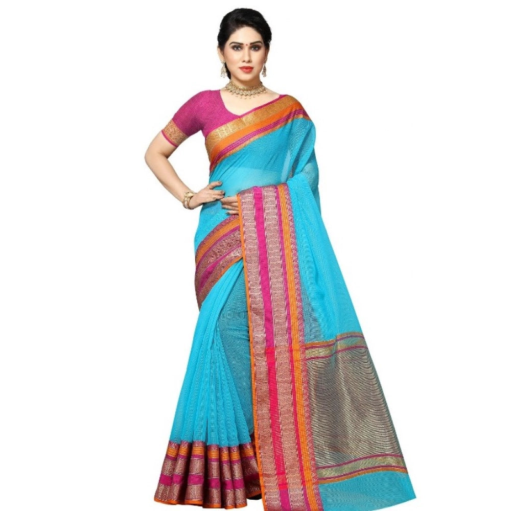 Women'S Kota Doria Cotton Border Saree With Blouse (Sky Blue,