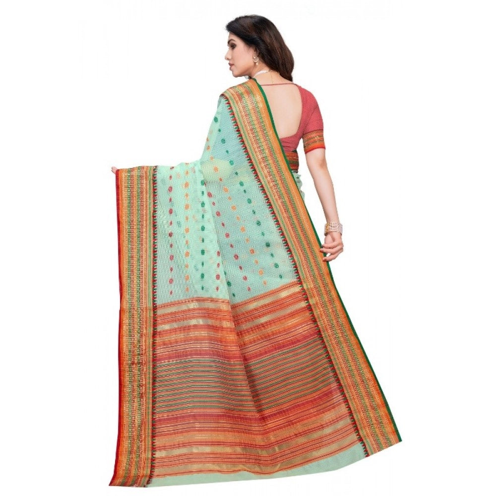 Women'S Kota Doria Cotton Woven Butta Saree With Blouse (Pista