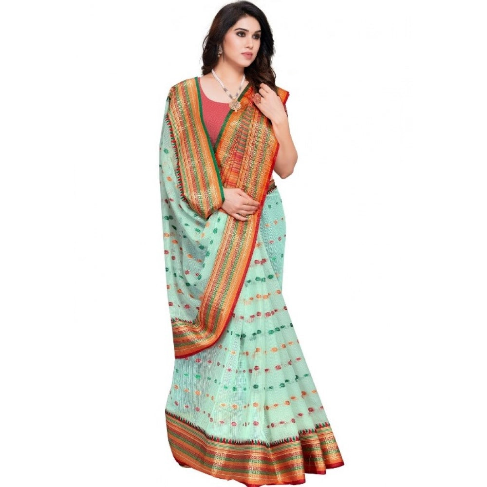 Women'S Kota Doria Cotton Woven Butta Saree With Blouse (Pista
