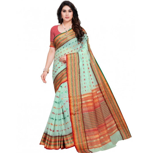 Women's Kota Doria Cotton Woven Butta Saree With Blouse (Pista, 5-6 Mtrs) - VANSHELLE