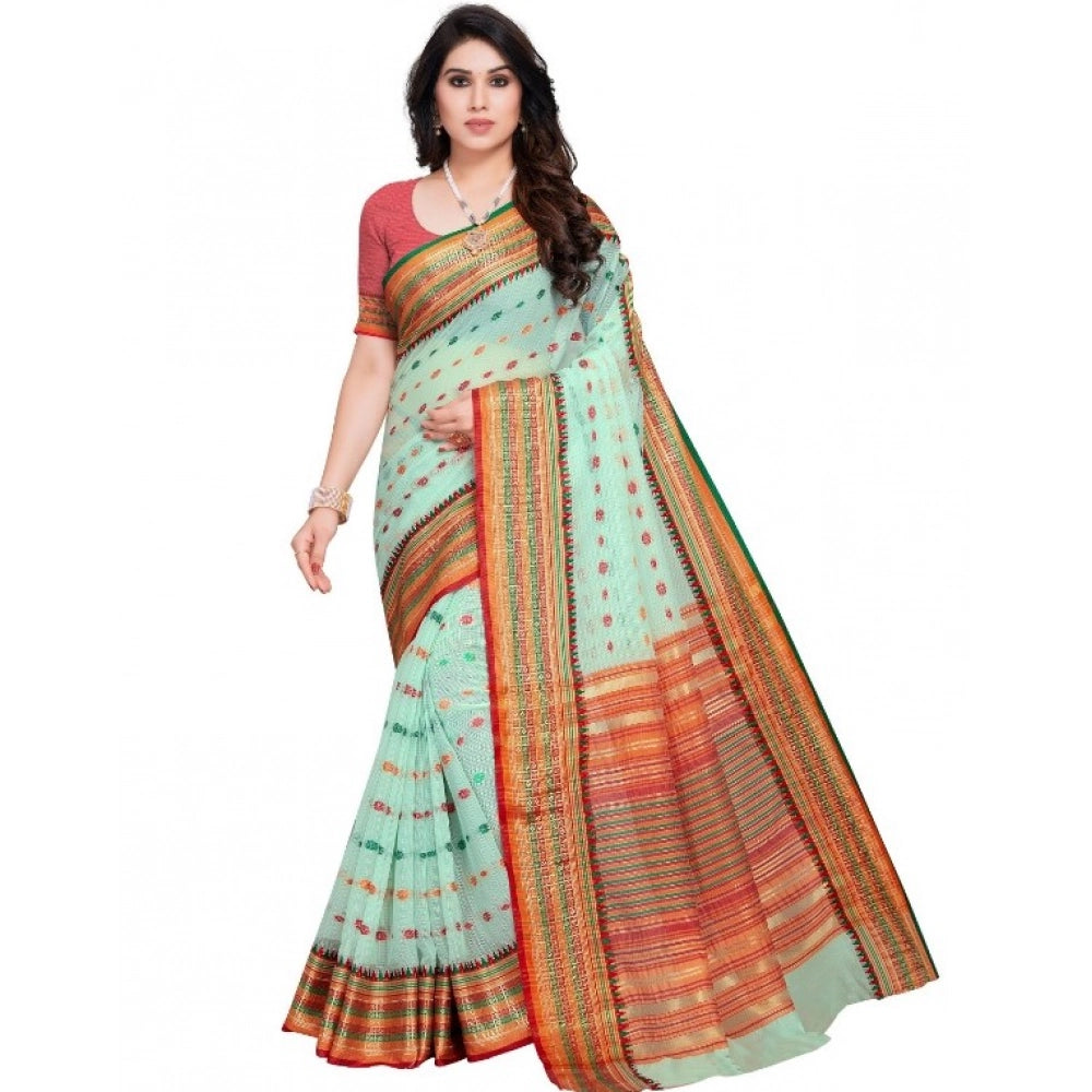 Women'S Kota Doria Cotton Woven Butta Saree With Blouse (Pista