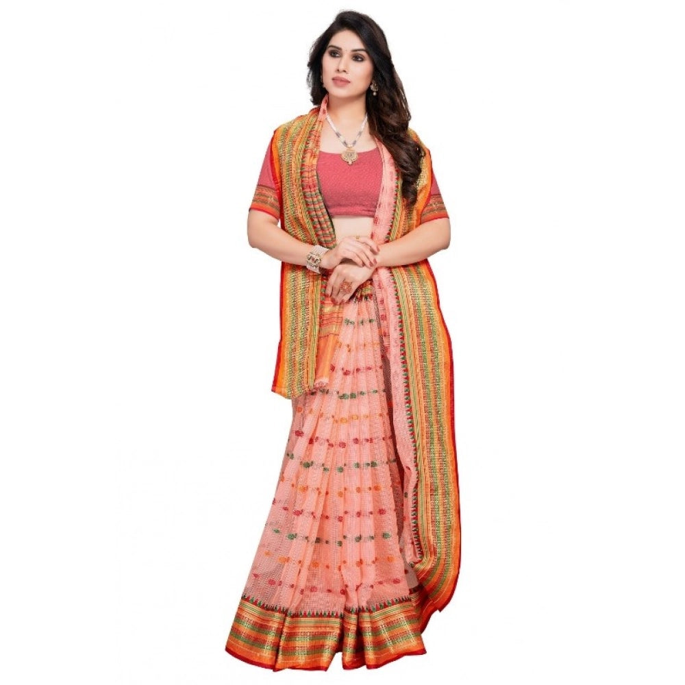 Women'S Kota Doria Cotton Woven Butta Saree With Blouse (Peach