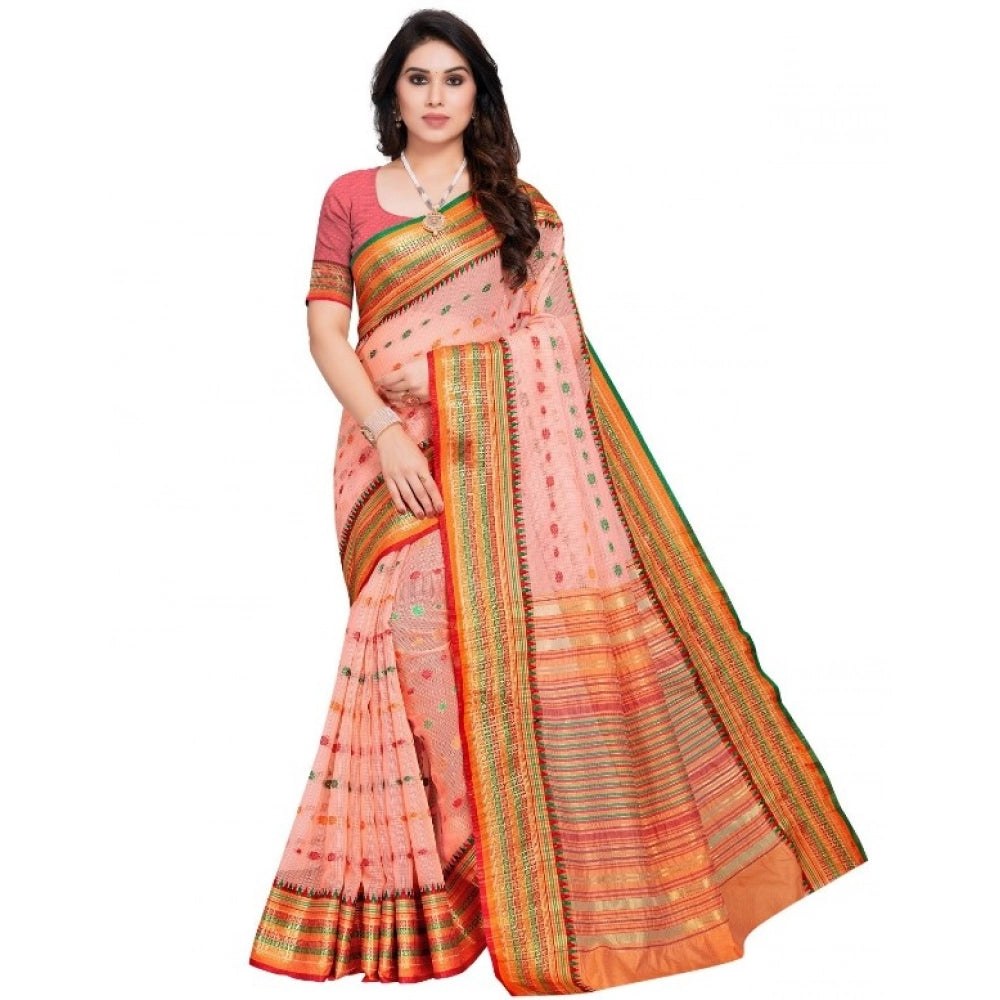 Women'S Kota Doria Cotton Woven Butta Saree With Blouse (Peach