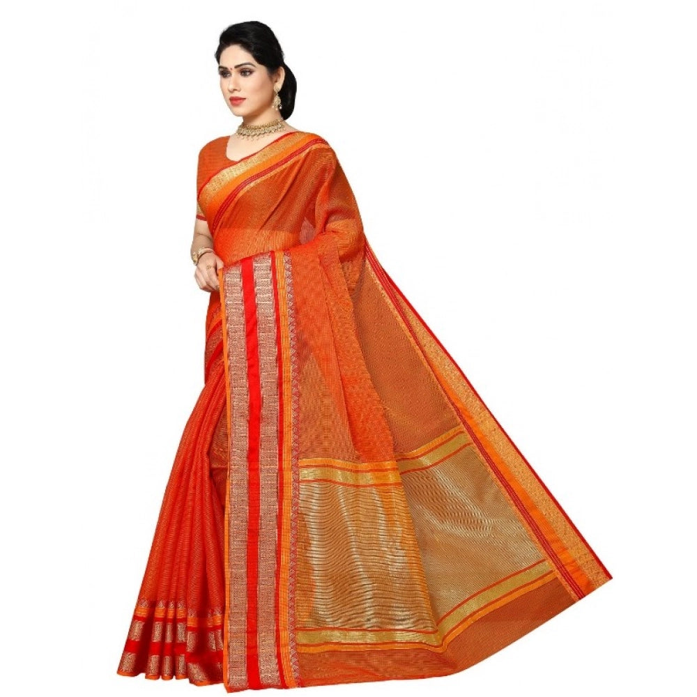 Women'S Kota Doria Cotton Border Saree With Blouse (Orange, 5