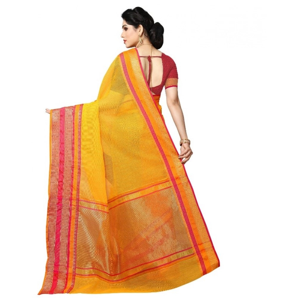 Women'S Kota Doria Cotton Border Saree With Blouse (Gold, 5-6