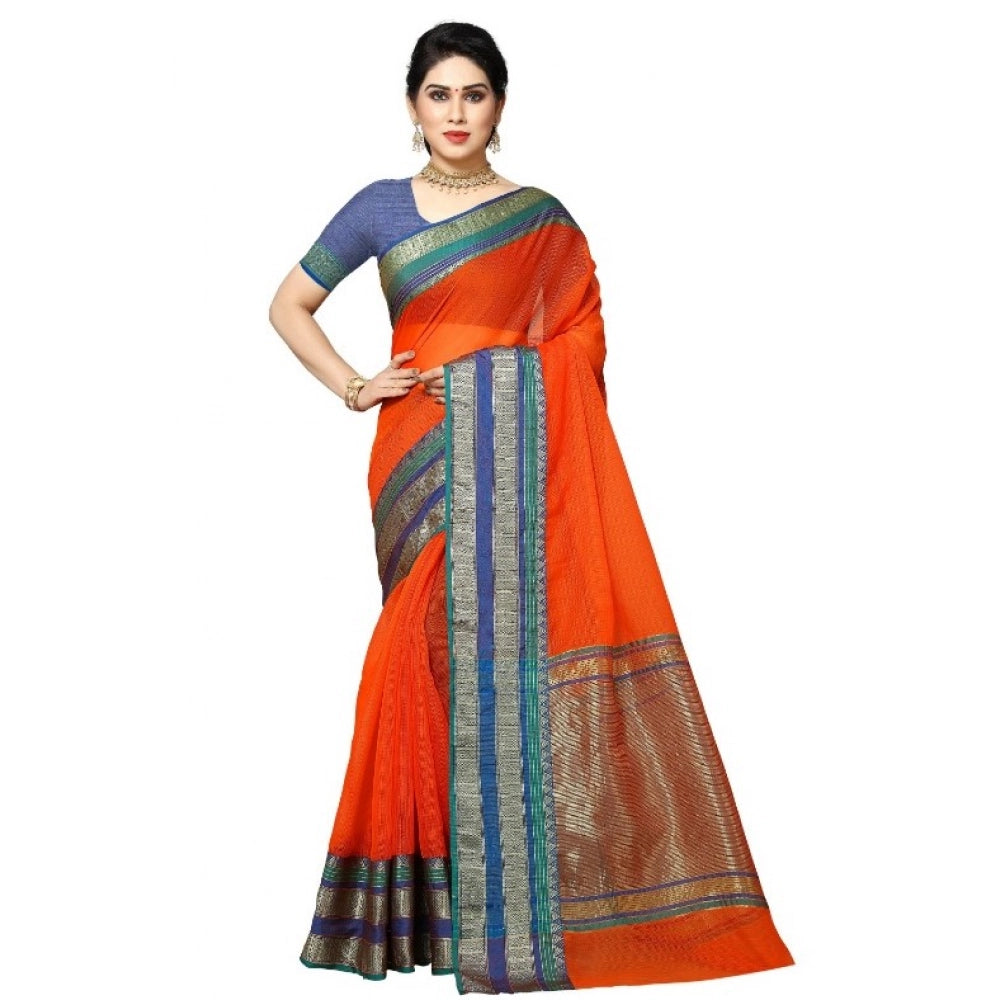 Women'S Kota Doria Cotton Border Saree With Blouse (Fanta, 5-6