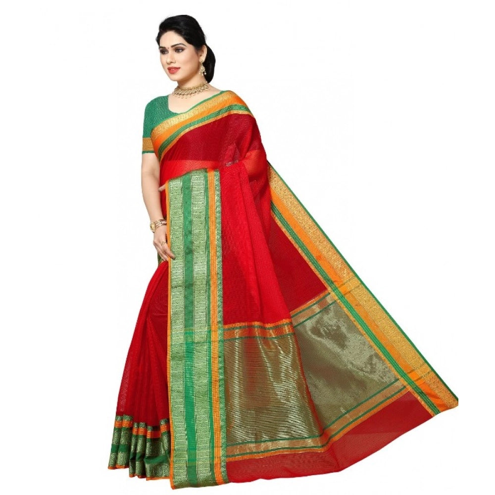Women'S Kota Doria Cotton Border Saree With Blouse (Red, 5-6 M