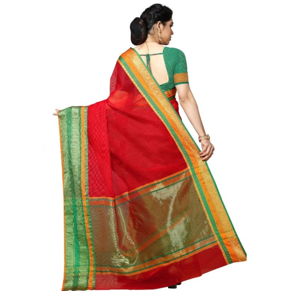 Women'S Kota Doria Cotton Border Saree With Blouse (Red, 5-6 M
