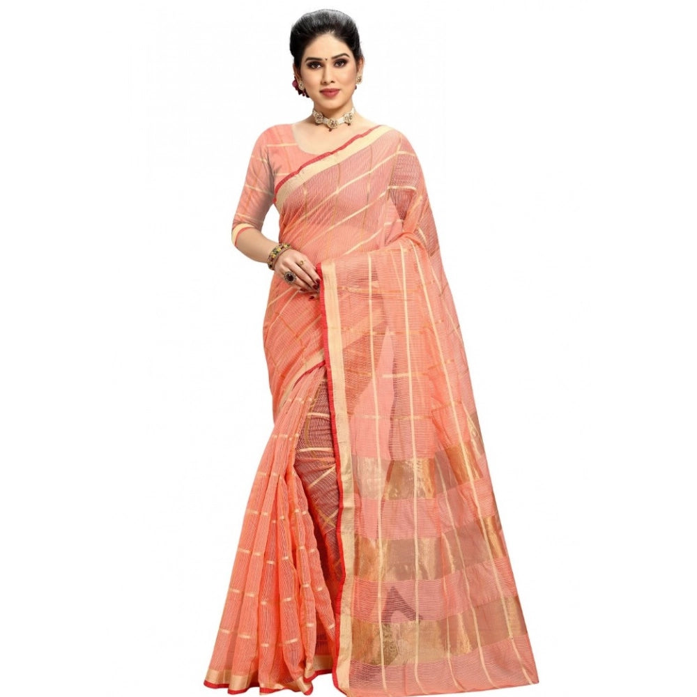 Women'S Kota Doria Cotton Checked Saree With Blouse (Peach, 5