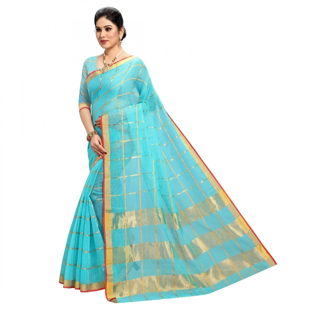 Women'S Kota Doria Cotton Checked Saree With Blouse (Sky Blue,