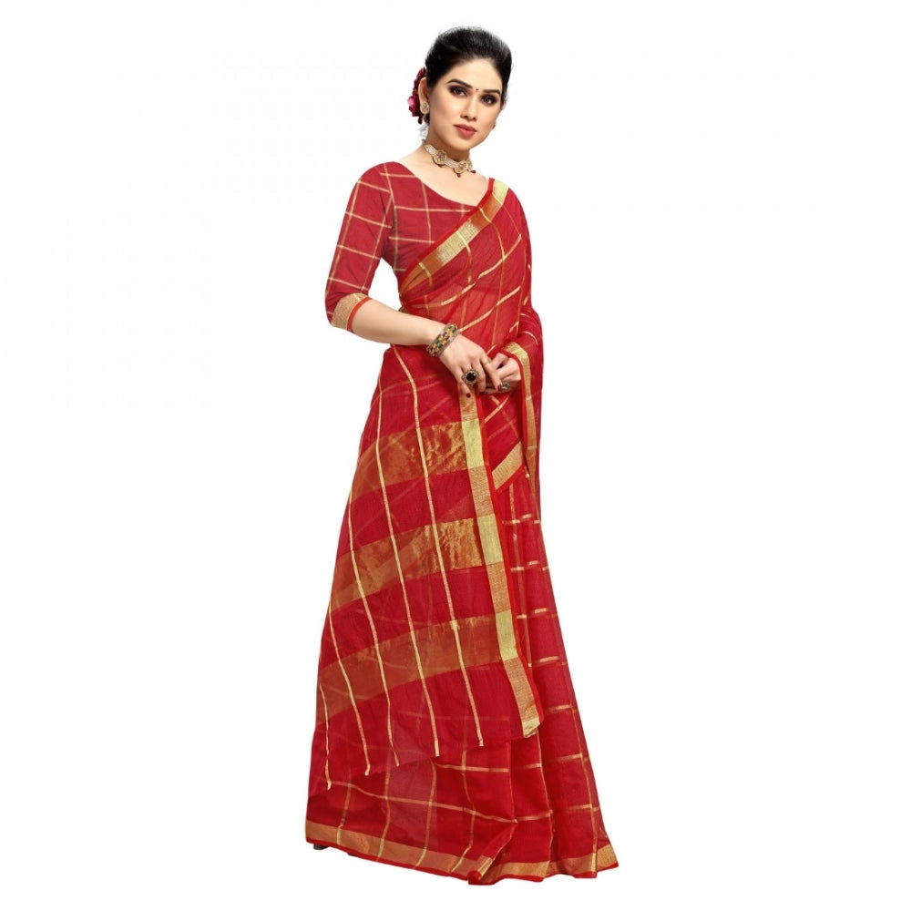 Women'S Kota Doria Cotton Checked Saree With Blouse (Red, 5-6