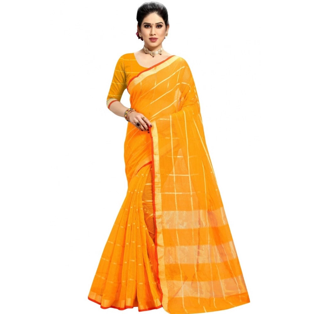 Women'S Kota Doria Cotton Checked Saree With Blouse (Yellow, 5