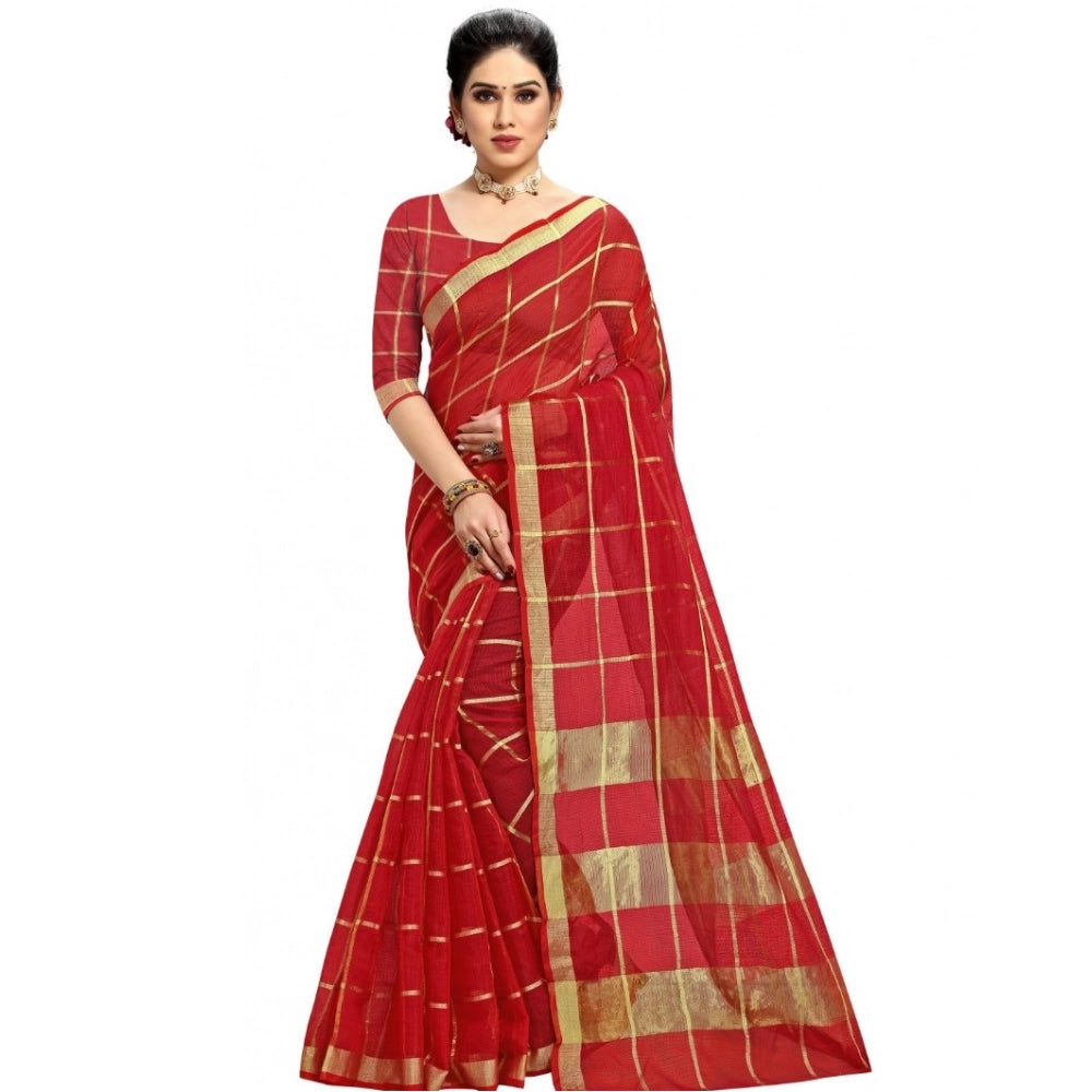 Women'S Kota Doria Cotton Checked Saree With Blouse (Red, 5-6