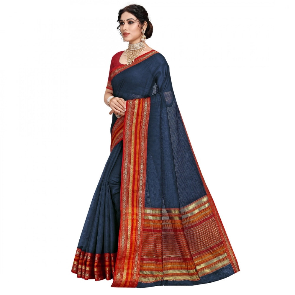 Women'S Kota Doria Cotton Bordered Saree With Blouse (Navy Blu