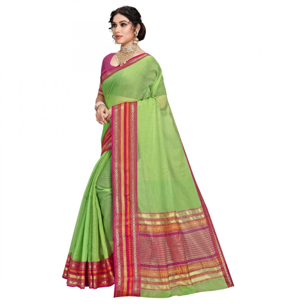 Women'S Kota Doria Cotton Bordered Saree With Blouse (Light Gr